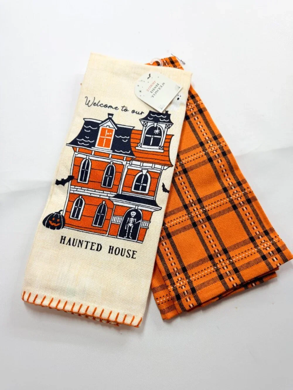 Hyde & EEK! Haunted House Halloween Kitchen Towels 2 Pack Orange Plaid New